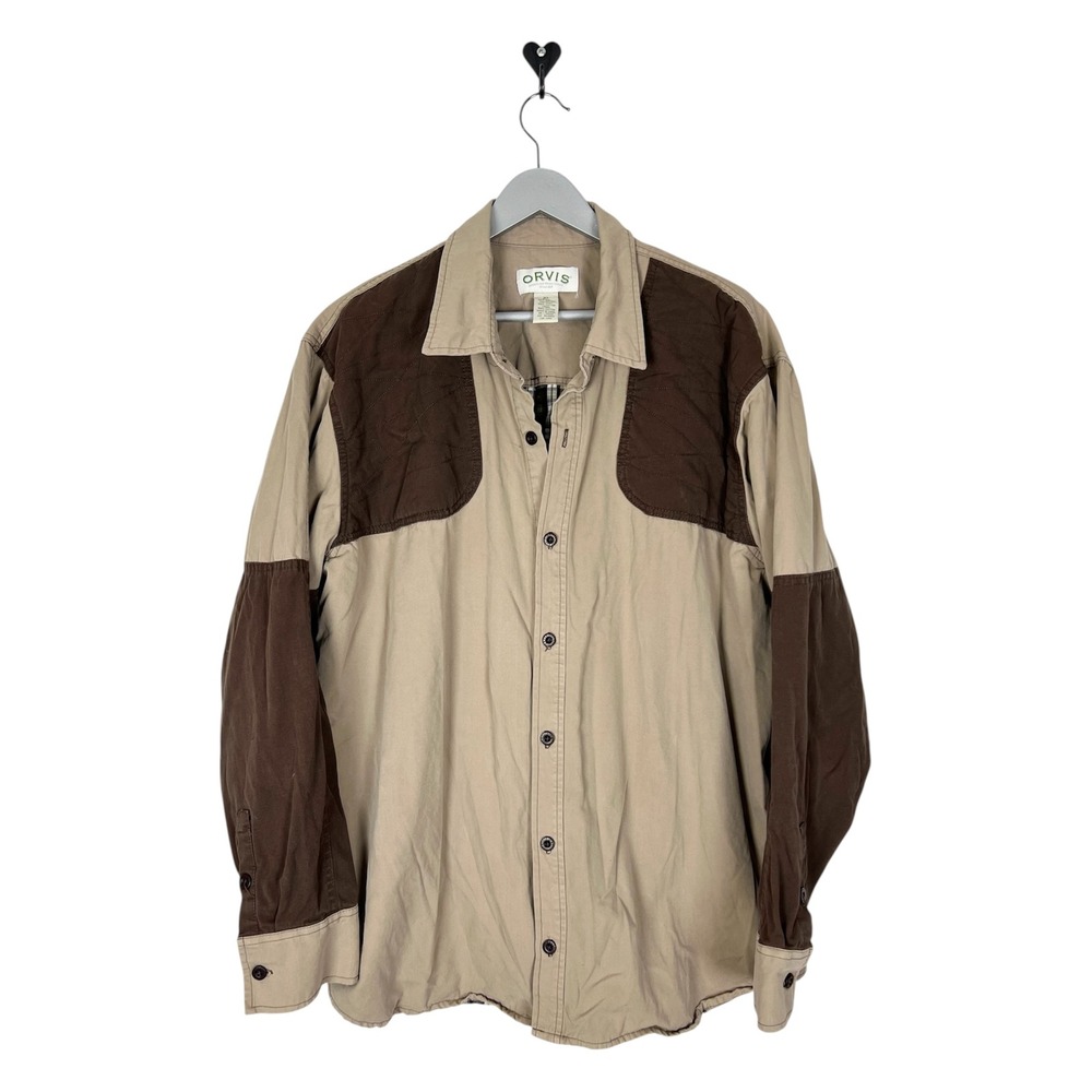 Orvis Sporting Traditions Men XL Khaki Cotton Canvas Shooting Hunting Shirt